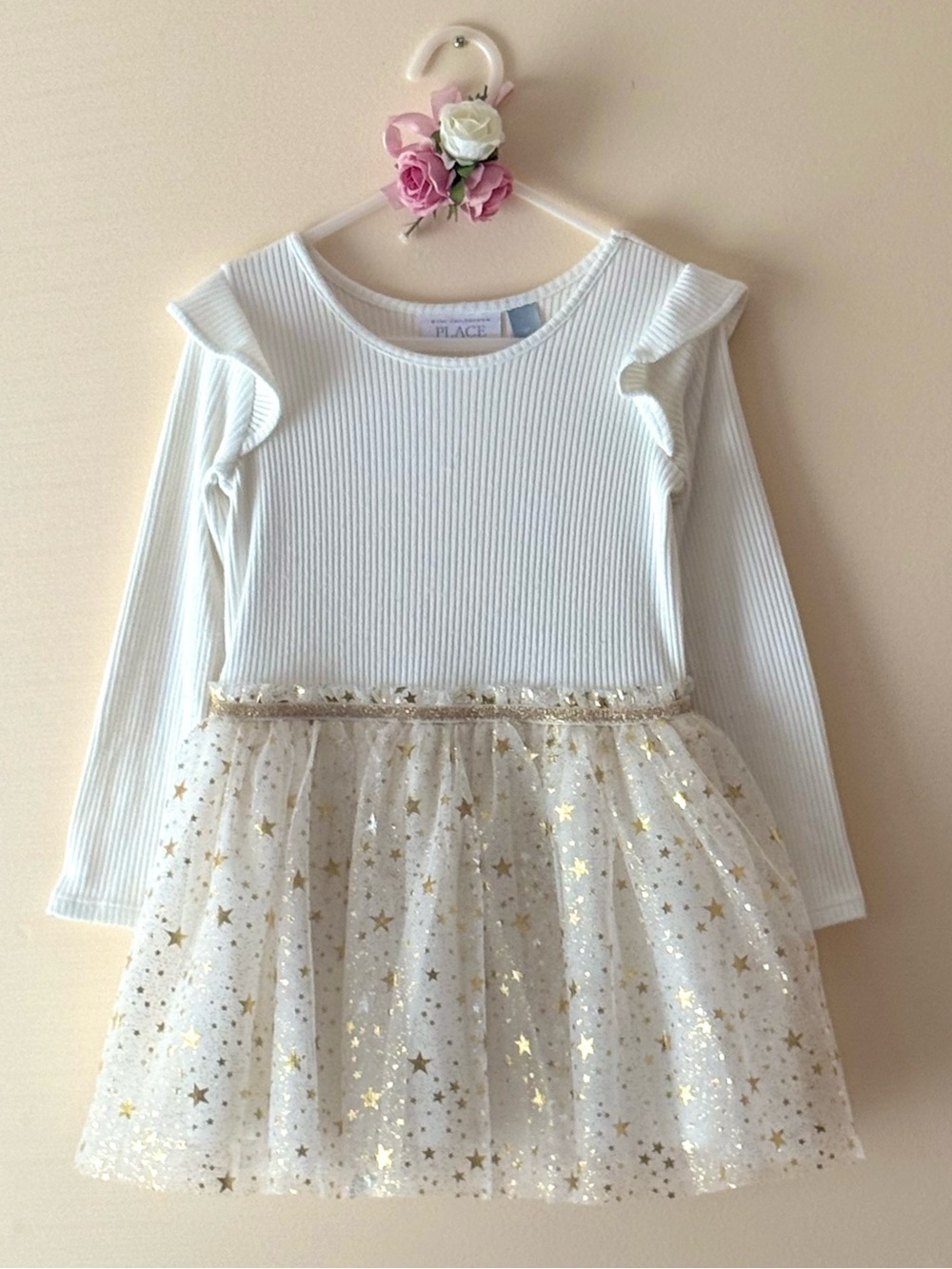 The Children's Place White Long-Sleeve Tulle Dress with Gold Stars, Size 3T